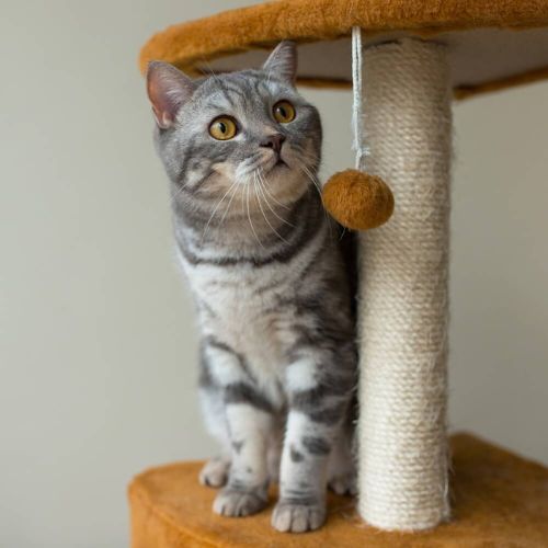 a cat standing on a cat tree